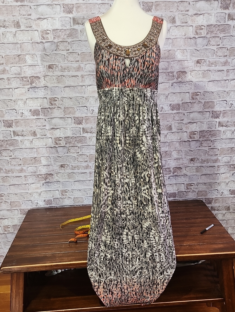 Cato- Sz. 5- Beaded Scoop-Neck Maxi Dress in Brown, Tand And Reddish Orange